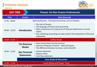 11
DAY ONE Finance for Non Finance Professionals
Time Session Topic Discussed
07.45 – 08.00 Opening Sessions, Training Ground Rules and Ice Breakers
08.00 – 10.30 Introduction
• The role of finance
• The language of finance and accounting
• Main components of a typical set of financial statements or annual
report.
• Key underlying accounting concepts used in the preparation of financial
statements
10.30 – 10.45 Coffee Break
10.45 – 12.00
The Business
Model
• How money flows into the business
• Sources of long term finance – debt and equity
• The difference between turnover, cash and profit
Key Financial
Statements
• Income statement
• Balance sheet
• Cash flow statement
Case Study & Discussion
12.00 – 13.00 Lunch Break and Prayer Time
TRAINING AGENDA
Agenda
 