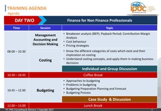 13
DAY TWO Finance for Non Finance Professionals
Time Session Topic
08.00 – 10.30
Management
Accounting and
Decision Making
• Breakeven analysis (BEP); Payback Period; Contribution Margin
Analysis
• Cost behaviour
• Pricing strategies
Costing
• Know the different categories of costs which exist and their
implication on costing
• Understand costing concepts, and apply them in making business
decisions
Individual and Group Discussion
10.30 – 10.45 Coffee Break
10.45 – 12.00 Budgeting
• Approaches to budgeting
• Problems in budgeting
• Budgeting Preparation Planning and Forecast
• Budgeting Process
Case Study & Discussion
12.00 – 13.00 Lunch Break
TRAINING AGENDA
Agenda
 