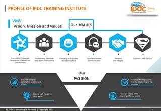 VMV
Vision, Mission and Values
Committing Corporate
Resources to Benefit our
Communities
Open and honest
communication
Recognizing Individual
and TeamContributions
Respect
and Integrity
Providing an Enjoyable
WorkAtmosphere
Superior Client Service
Our VALUES
Ensure the clients’
satisfaction and moment
of truth
Making high impact for
what we do
Facilitate the high quality
training programs and the
process
Focus on what is most
meaningful for our clients
Our
PASSION
PROFILE OF IPDC TRAINING INSTITUTE
5
 