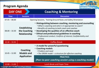 16
DAY ONE Coaching & Mentoring
Time Sessions Discussion
07.45 – 08.00 Opening Sessions, Training Ground Rules and Safety Orientation
08.00 – 10.30
Establishing
the Coaching
Relationship
• Distinguishing between coaching, mentoring and counselling
• What is coaching and when is it appropriate to coach?
• Benefits of coaching to both coach and coachee
• Developing the qualities of an effective coach
• Ethical and professional guidelines in coaching
• Professional conduct; Conflicts of interest; Confidentiality and
privacy
10.30 – 10.45 Coffee Break
10.45 – 12.00
Coaching
Models and
Application
• A model for powerful questioning
• Coaching models
• Problem and need
• The GROW model – a structure for effective coaching
PRACTICE:
(Peer-to-peer coaching session using a coaching model)
12.00 – 13.00 Lunch Break and Prayer Time
Program Agenda
 