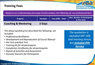 Training Fees
Based on our understanding and scope of work analysis, the following are our professional fees
Program Duration Fees (IDR) – Total
Max. Number of Participants
in One Class
Coaching & Mentoring 2 Days
The above quoted price described the following are
included:
• Professional facilitators
• Development and Reproduction of Course Manual
• Pre-Test and Post Test
• Training Kit for all participants
• Completion Certificates for all participants
• Report of Activities and Assessment
• Excusive Souvenir for Participants
The quotation is
excluded VAT 10%
and training venue,
but included PPh
Service
23
 