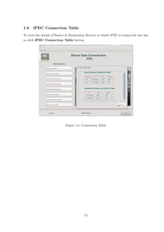 1.9 iPDC Connection Table
To view the details of Source  Destination Devices to which iPDC is connected user has
to click iPDC Connection Table button.




                             Figure 14: Connection Table




                                          15
 