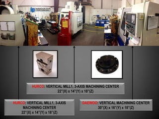 HURCO: VERTICAL MILL1, 3-AXIS MACHINING CENTER
                       22”(X) x 14”(Y) x 18”(Z)

HURCO: VERTICAL MILL1, 3-AXIS       DAEWOO: VERTICAL MACHINING CENTER
     MACHINING CENTER                      30”(X) x 16”(Y) x 18”(Z)
    22”(X) x 14”(Y) x 18”(Z)
 
