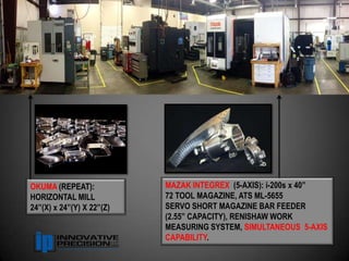 OKUMA (REPEAT):            MAZAK INTEGREX (5-AXIS): i-200s x 40”
HORIZONTAL MILL            72 TOOL MAGAZINE, ATS ML-5655
24”(X) x 24”(Y) X 22”(Z)   SERVO SHORT MAGAZINE BAR FEEDER
                           (2.55” CAPACITY), RENISHAW WORK
                           MEASURING SYSTEM, SIMULTANEOUS 5-AXIS
                           CAPABILITY.
 