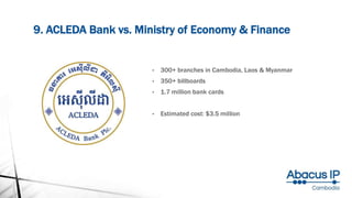 9. ACLEDA Bank vs. Ministry of Economy & Finance
• 300+ branches in Cambodia, Laos & Myanmar
• 350+ billboards
• 1.7 million bank cards
• Estimated cost: $3.5 million
 