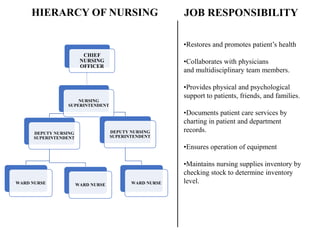HIERARCY OF NURSING
NURSING
SUPERINTENDENT
DEPUTY NURSING
SUPERINTENDENT
WARD NURSE WARD NURSE
DEPUTY NURSING
SUPERINTENDENT
WARD NURSE
CHIEF
NURSING
OFFICER
•Restores and promotes patient’s health
•Collaborates with physicians
and multidisciplinary team members.​
•Provides physical and psychological
support to patients, friends, and families.​
•Documents patient care services by
charting in patient and department
records.
•Ensures operation of equipment
•Maintains nursing supplies inventory by
checking stock to determine inventory
level.
JOB RESPONSIBILITY
 