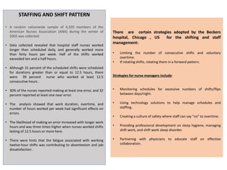 There are certain strategies adopted by the Beckers
hospital, Chicago , US for the shifting and staff
management:
• Limiting the number of consecutive shifts and voluntary
overtime.
• If rotating shifts, rotating them in a forward pattern.
Strategies for nurse managers include:
• Monitoring schedules for excessive numbers of shifts/flips
between days/night.
• Using technology solutions to help manage schedules and
staffing.
• Creating a culture of safety where staff can say "no" to overtime.
• Providing professional development on sleep hygiene, managing
shift work, and shift work sleep disorder.
• Partnering with physicians to educate staff on effective
collaboration.
STAFFING AND SHIFT PATTERN
• A random nationwide sample of 4,320 members of the
American Nurses Association (ANA) during the winter of
2002 was collected.
• Data collected revealed that hospital staff nurses worked
longer than scheduled daily, and generally worked more
than forty hours per week. Half of the shifts worked
exceeded ten and a half hours.
• Although 31 percent of the scheduled shifts were scheduled
for durations greater than or equal to 12.5 hours, there
were 39 percent nurse who worked at least 12.5
consecutive hours .
• 30% of the nurses reported making at least one error, and 32
percent reported at least one near error.
• The analysis showed that work duration, overtime, and
number of hours worked per week had significant effects on
errors.
• The likelihood of making an error increased with longer work
hours and was three times higher when nurses worked shifts
lasting of 12.5 hours or more here.
• There were hints that the fatigue associated with working
twelve-hour shifts was contributing to absenteeism and job
dissatisfaction .
 