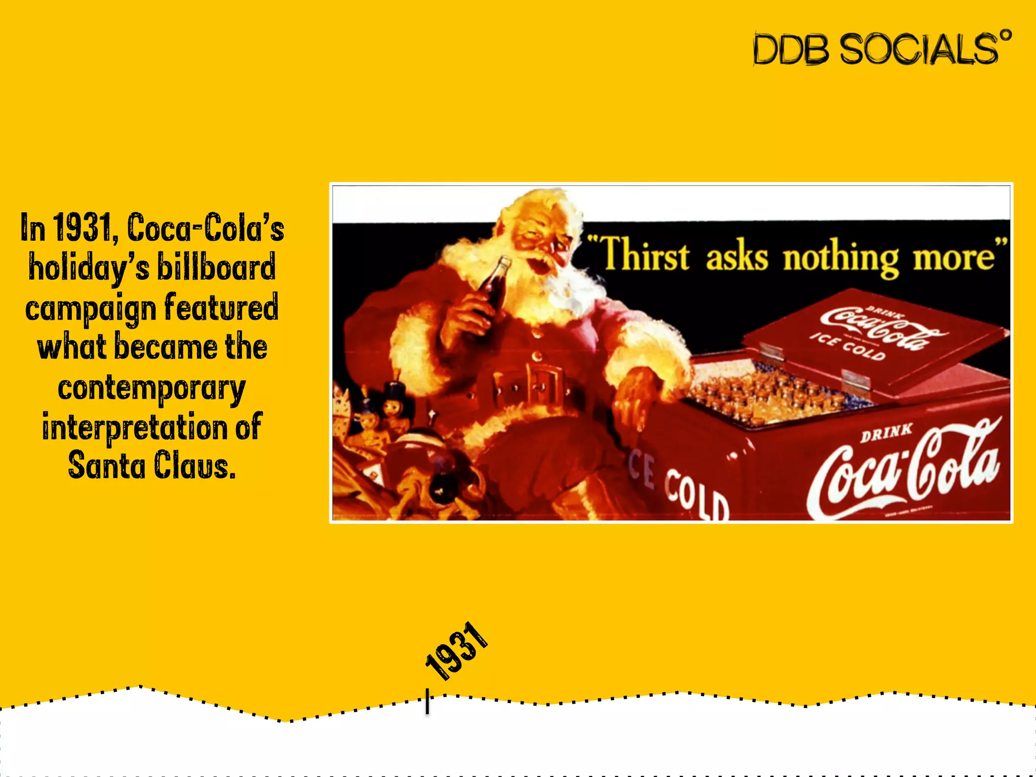 In 1931, Coca-Cola’s 
holiday’s billboard 
campaign featured 
what became the 
contemporary 
interpretation of 
Santa Claus. 
 