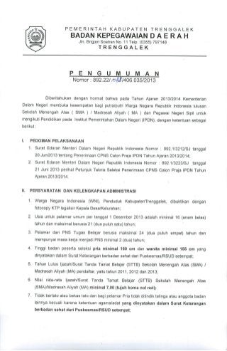 Penerimaan Pendaftaran Seleksi Penerimaan CPNS Calon Praja IPDN Tahun Ajaran 2013/2014