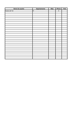 Nome do usuário Departamento iMac iPhone iPad
Fulano de Tal TI X
 