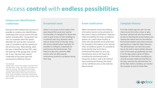 Access control with endless possibilities
Unique user identiﬁcation
credentials
During the web conﬁguration process it’s
possible to combine user identiﬁcation
credentials with certain actions that the
system activates after “recognizing” the
user. For example, when the system
identiﬁes the user by their numerical
code, it’s possible to set the opening of
the entrance door. Alternatively, when
the user is identiﬁed by their NFC code,
the opening of the garage door can be
set. A user may also have several
credentials of the same type that
correspond to diﬀerent actions.
For example:
Typing code 1234 on the station could open the
entrance door, while code 4567 could open not
only the door but also deactivate the alarm.
This programming possibility is very useful in
families: with parents being able to generate
many codes for diﬀerent functions and provide
their children with only those they consider most
appropriate.
Occasional users
IpDoor is an access control system that
goes beyond the usual door opener
functionality. it’s designed for those who
want to give access to their buildings to
occasional users (e.g. domestic staﬀ)
only at certain times of the day. Using
the various identiﬁcation methods, it’s
possible to conﬁgure credentials for
autonomous but timed access. This
feature is also very useful for B&B
owners who can allow guests
autonomous access to a property during
their stay.
Event notiﬁcation
When users/guest access the building,
information events can be activated on
the owner’s App (a notiﬁcation, viewing a
video recorded by the video surveillance
system, etc.) which allow him/her to
check who has entered and at what time.
For example in the absence of an internal
video surveillance system, it’s possible to
know exactly how much time a
professional has taken to carry out
maintenance work in the house. By
providing the professional with a
temporary numeric code to be entered
upon entering and leaving, the owner
can be notiﬁed as soon as the code has
been entered.
Complete History
From the mobile app the user can also
check at any time when a door or gate
has been opened and who has entered,
as well as checking the access history and
viewing the videos that are recorded by
the licensed station every time someone
approaches or rings the video intercom.
The administrator can view the access
log via the web in macro detail, whereas
users of the same group/family can view
it via the App using a series of ﬁlters.
Residents of a ﬂat within a building can
view all accesses related to that ﬂat via
the App, whereas the administrator for
all the ﬂats within a building can monitor
the accesses to each of those ﬂats.
 