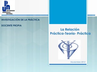 INVESTIGACIÓN DE LA PRÁCTICA

DOCENTE PROPIA
                                      La Relación
                               Práctica-Teoría- Práctica




                                           Noviembre 2012
 