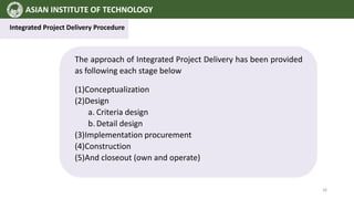 ASIAN INSTITUTE OF TECHNOLOGY
Integrated Project Delivery Procedure
The approach of Integrated Project Delivery has been provided
as following each stage below
(1)Conceptualization
(2)Design
a. Criteria design
b. Detail design
(3)Implementation procurement
(4)Construction
(5)And closeout (own and operate)
26
 