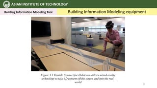 ASIAN INSTITUTE OF TECHNOLOGY
Building Information Modeling Tool Building Information Modeling equipment
Figure 3.3 Trimble Connect for HoloLens utilizes mixed-reality
technology to take 3D content off the screen and into the real-
world
32
 