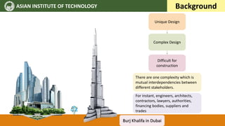 ASIAN INSTITUTE OF TECHNOLOGY Background
Burj Khalifa in Dubai
Unique Design
Complex Design
Difficult for
construction
There are one complexity which is
mutual interdependencies between
different stakeholders.
For instant, engineers, architects,
contractors, lawyers, authorities,
financing bodies, suppliers and
trades
4
 