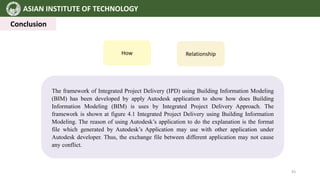 ASIAN INSTITUTE OF TECHNOLOGY
Conclusion
The framework of Integrated Project Delivery (IPD) using Building Information Modeling
(BIM) has been developed by apply Autodesk application to show how does Building
Information Modeling (BIM) is uses by Integrated Project Delivery Approach. The
framework is shown at figure 4.1 Integrated Project Delivery using Building Information
Modeling. The reason of using Autodesk’s application to do the explanation is the format
file which generated by Autodesk’s Application may use with other application under
Autodesk developer. Thus, the exchange file between different application may not cause
any conflict.
How Relationship
43
 