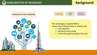 ASIAN INSTITUTE OF TECHNOLOGY Background
The advantages of applied BIM in
construction industry which is related with
 cost reduction
 significant time saving
 control through the project life cycle
Building Information Modeling Unique Design
Complex
Design
Difficult for
construction
5
 