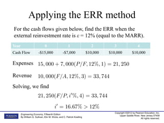 Copyright ©2012 by Pearson Education, Inc.
Upper Saddle River, New Jersey 07458
All rights reserved.
Engineering Economy, Fifteenth Edition
By William G. Sullivan, Elin M. Wicks, and C. Patrick Koelling
Applying the ERR method
Year 0 1 2 3 4
Cash Flow -$15,000 -$7,000 $10,000 $10,000 $10,000
For the cash flows given below, find the ERR when the
external reinvestment rate is ε = 12% (equal to the MARR).
Expenses
Revenue
Solving, we find
 