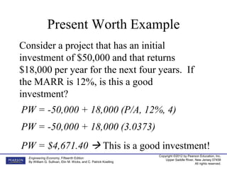 Copyright ©2012 by Pearson Education, Inc.
Upper Saddle River, New Jersey 07458
All rights reserved.
Engineering Economy, Fifteenth Edition
By William G. Sullivan, Elin M. Wicks, and C. Patrick Koelling
Present Worth Example
Consider a project that has an initial
investment of $50,000 and that returns
$18,000 per year for the next four years. If
the MARR is 12%, is this a good
investment?
PW = -50,000 + 18,000 (P/A, 12%, 4)
PW = -50,000 + 18,000 (3.0373)
PW = $4,671.40  This is a good investment!
 