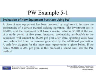Copyright ©2012 by Pearson Education, Inc.
Upper Saddle River, New Jersey 07458
All rights reserved.
Engineering Economy, Fifteenth Edition
By William G. Sullivan, Elin M. Wicks, and C. Patrick Koelling
PW Example 5-1
 