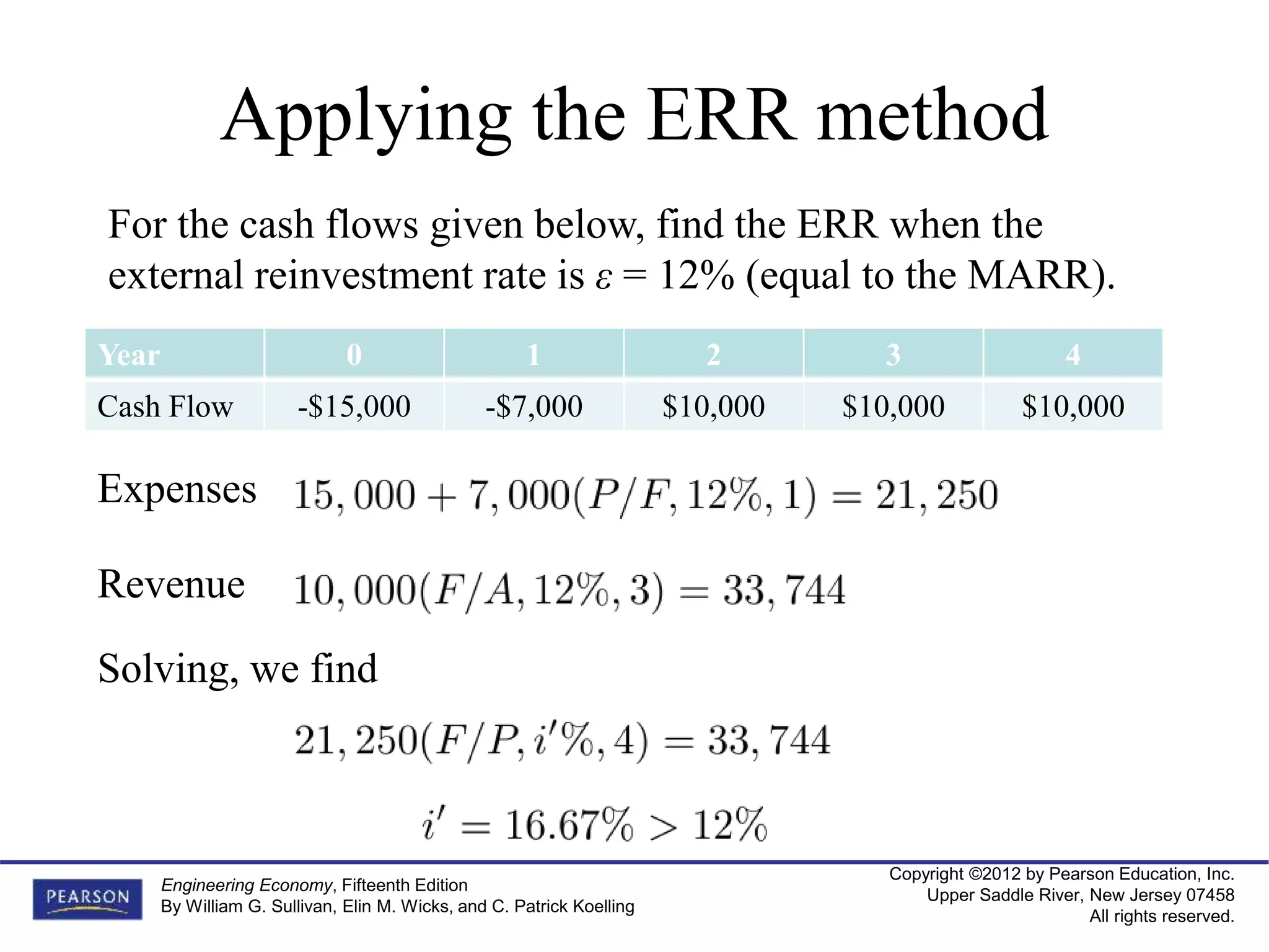 Copyright ©2012 by Pearson Education, Inc.
Upper Saddle River, New Jersey 07458
All rights reserved.
Engineering Economy, Fifteenth Edition
By William G. Sullivan, Elin M. Wicks, and C. Patrick Koelling
Applying the ERR method
Year 0 1 2 3 4
Cash Flow -$15,000 -$7,000 $10,000 $10,000 $10,000
For the cash flows given below, find the ERR when the
external reinvestment rate is ε = 12% (equal to the MARR).
Expenses
Revenue
Solving, we find
 