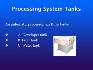 Processing System Tanks
An automatic processor has three tanks:
❖ A. Developer tank
❖ B. Fixer tank
❖ C. Water tank
 