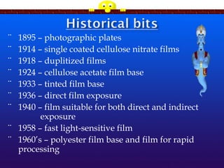 ¨ 1895 – photographic plates
¨ 1914 – single coated cellulose nitrate films
¨ 1918 – duplitized films
¨ 1924 – cellulose acetate film base
¨ 1933 – tinted film base
¨ 1936 – direct film exposure
¨ 1940 – film suitable for both direct and indirect
exposure
¨ 1958 – fast light-sensitive film
¨ 1960’s – polyester film base and film for rapid
processing
 