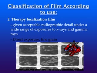 2. Therapy localization film
- given acceptable radiographic detail under a
wide range of exposures to x-rays and gamma
rays.
- Direct exposure; fine grain
 
