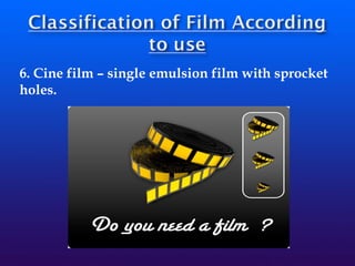 6. Cine film – single emulsion film with sprocket
holes.
 