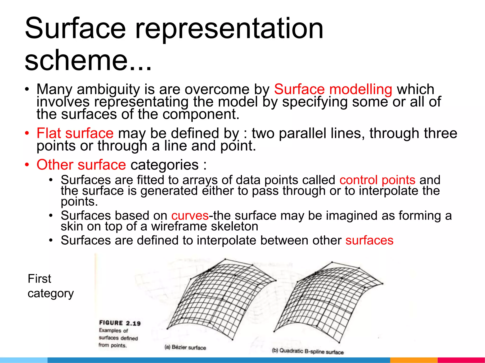 Surface representation
scheme...
• Many ambiguity is are overcome by Surface modelling which
involves representating the model by specifying some or all of
the surfaces of the component.
• Flat surface may be defined by : two parallel lines, through three
points or through a line and point.
• Other surface categories :
• Surfaces are fitted to arrays of data points called control points and
the surface is generated either to pass through or to interpolate the
points.
• Surfaces based on curves-the surface may be imagined as forming a
skin on top of a wireframe skeleton
• Surfaces are defined to interpolate between other surfaces
First
category
 
