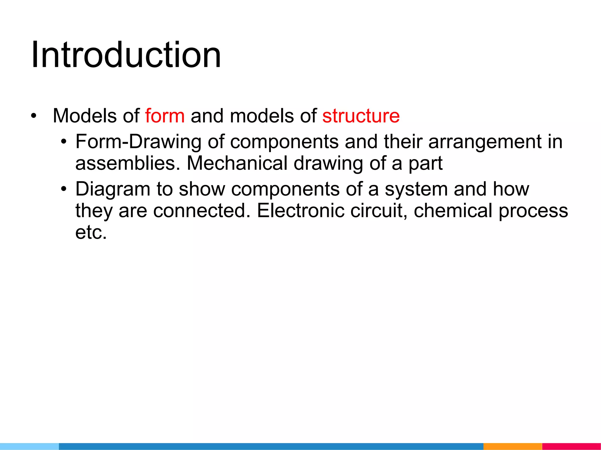 Introduction
• Models of form and models of structure
• Form-Drawing of components and their arrangement in
assemblies. Mechanical drawing of a part
• Diagram to show components of a system and how
they are connected. Electronic circuit, chemical process
etc.
 