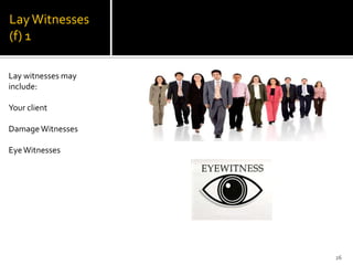 Lay Witnesses
(f) 1

Lay witnesses may
include:

Your client

Damage Witnesses

Eye Witnesses




                    26
 