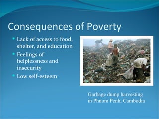 Consequences of Poverty Lack of access to food, shelter, and education Feelings of helplessness and insecurity Low self-esteem Garbage dump harvesting in Phnom Penh, Cambodia 
