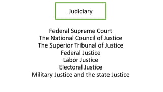 Federal Supreme Court
The National Council of Justice
The Superior Tribunal of Justice
Federal Justice
Labor Justice
Electoral Justice
Military Justice and the state Justice
Judiciary
 