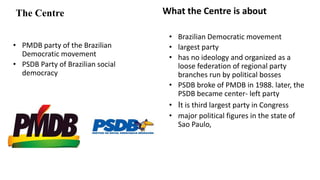 The Centre What the Centre is about
• PMDB party of the Brazilian
Democratic movement
• PSDB Party of Brazilian social
democracy
• Brazilian Democratic movement
• largest party
• has no ideology and organized as a
loose federation of regional party
branches run by political bosses
• PSDB broke of PMDB in 1988. later, the
PSDB became center- left party
• It is third largest party in Congress
• major political figures in the state of
Sao Paulo,
 