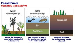 Fossil Fuels
Coal: How is it made???
Before the dinosaurs,
many giant plants died
in the swamp
Over millions of years,
the plants were buried
under water and dirt
Heat and pressure
turned the dead plants
into coal.
 