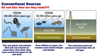 Conventional Sources
Oil and Gas: How are they made???
Tiny sea plants and animals
died and were buried on
ocean floor. Over time, they
were covered by layers of slit
and sand
Over millions of years, the
remains were buried deeper
and deeper.
The enormous heat and
pressure turned them into oil
and gas.
 