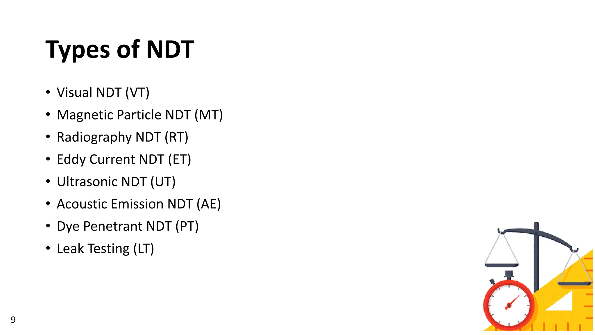 Types of NDT
• Visual NDT (VT)
• Magnetic Particle NDT (MT)
• Radiography NDT (RT)
• Eddy Current NDT (ET)
• Ultrasonic NDT (UT)
• Acoustic Emission NDT (AE)
• Dye Penetrant NDT (PT)
• Leak Testing (LT)
9
 