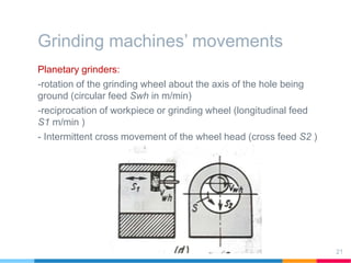 Grinding machines’ movements
Planetary grinders:
-rotation of the grinding wheel about the axis of the hole being
ground (circular feed Swh in m/min)
-reciprocation of workpiece or grinding wheel (longitudinal feed
S1 m/min )
- Intermittent cross movement of the wheel head (cross feed S2 )
21
 