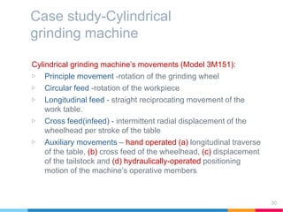 Case study-Cylindrical
grinding machine
Cylindrical grinding machine’s movements (Model 3M151):
▷ Principle movement -rotation of the grinding wheel
▷ Circular feed -rotation of the workpiece
▷ Longitudinal feed - straight reciprocating movement of the
work table.
▷ Cross feed(infeed) - intermittent radial displacement of the
wheelhead per stroke of the table
▷ Auxiliary movements – hand operated (a) longitudinal traverse
of the table, (b) cross feed of the wheelhead, (c) displacement
of the tailstock and (d) hydraulically-operated positioning
motion of the machine’s operative members
30
 