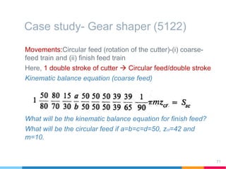 Case study- Gear shaper (5122)
Movements:Circular feed (rotation of the cutter)-(i) coarse-
feed train and (ii) finish feed train
Here, 1 double stroke of cutter  Circular feed/double stroke
Kinematic balance equation (coarse feed)
What will be the kinematic balance equation for finish feed?
What will be the circular feed if a=b=c=d=50, zct=42 and
m=10.
71
 