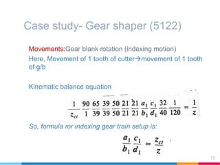 Case study- Gear shaper (5122)
Movements:Gear blank rotation (indexing motion)
Here, Movement of 1 tooth of cuttermovement of 1 tooth
of g/b
Kinematic balance equation
So, formula for indexing gear train setup is:
72
 