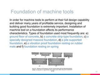Foundation of machine tools
In order for machine tools to perform at their full design capability
and deliver many years of profitable service, designing and
building good foundation is extremely important. Installation of
machine tool on a foundation affects its performance
characteristics. Types of foundation used most frequently are: a)
ground floor of concrete, b) a concrete strip-type foundation, c) a
specially designed massive foundation, d) a pile supported
foundation, e) a vibration proof foundation resting on rubber
mats and f) foundation resting on spring
81
 