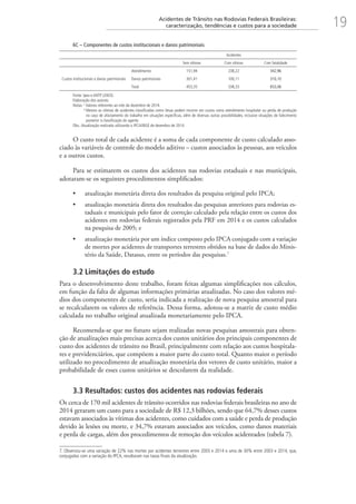 19Acidentes de Trânsito nas Rodovias Federais Brasileiras:
caracterização, tendências e custos para a sociedade
6C – Componentes de custos institucionais e danos patrimoniais
    Acidentes
Sem vítimas Com vítimas Com fatalidade
Custos institucionais e danos patrimoniais
Atendimento 151,94 238,22 342,96
Danos patrimoniais 301,41 100,11 310,10
Total 453,35 338,33 653,06
Fonte: Ipea e ANTP (2003).
Elaboração dos autores.
Notas: ¹ Valores referentes ao mês de dezembro de 2014.
² Mesmo as vítimas de acidentes classificadas como ilesas podem incorrer em custos como atendimento hospitalar ou perda de produção
no caso de afastamento do trabalho em situações específicas, além de diversas outras possibilidades, inclusive situações de falecimento
posterior à classificação do agente.
Obs.:Atualização realizada utilizando o IPCA/IBGE de dezembro de 2014.
O custo total de cada acidente é a soma de cada componente de custo calculado asso-
ciado às variáveis de controle do modelo aditivo – custos associados às pessoas, aos veículos
e a outros custos.
Para se estimarem os custos dos acidentes nas rodovias estaduais e nas municipais,
adotaram-se os seguintes procedimentos simplificados:
•	 atualização monetária direta dos resultados da pesquisa original pelo IPCA;
•	 atualização monetária direta dos resultados das pesquisas anteriores para rodovias es-
taduais e municipais pelo fator de correção calculado pela relação entre os custos dos
acidentes em rodovias federais registrados pela PRF em 2014 e os custos calculados
na pesquisa de 2005; e
•	 atualização monetária por um índice composto pelo IPCA conjugado com a variação
de mortes por acidentes de transportes terrestres obtidos na base de dados do Minis-
tério da Saúde, Datasus, entre os períodos das pesquisas.7
3.2 Limitações do estudo
Para o desenvolvimento deste trabalho, foram feitas algumas simplificações nos cálculos,
em função da falta de algumas informações primárias atualizadas. No caso dos valores mé-
dios dos componentes de custo, seria indicada a realização de nova pesquisa amostral para
se recalcularem os valores de referência. Dessa forma, adotou-se a matriz de custo médio
calculada no trabalho original atualizada monetariamente pelo IPCA.
Recomenda-se que no futuro sejam realizadas novas pesquisas amostrais para obten-
ção de atualizações mais precisas acerca dos custos unitários dos principais componentes de
custo dos acidentes de trânsito no Brasil, principalmente com relação aos custos hospitala-
res e previdenciários, que compõem a maior parte do custo total. Quanto maior o período
utilizado no procedimento de atualização monetária dos vetores de custo unitário, maior a
probabilidade de esses custos unitários se descolarem da realidade.
3.3 Resultados: custos dos acidentes nas rodovias federais
Os cerca de 170 mil acidentes de trânsito ocorridos nas rodovias federais brasileiras no ano de
2014 geraram um custo para a sociedade de R$ 12,3 bilhões, sendo que 64,7% desses custos
estavam associados às vítimas dos acidentes, como cuidados com a saúde e perda de produção
devido às lesões ou morte, e 34,7% estavam associados aos veículos, como danos materiais
e perda de cargas, além dos procedimentos de remoção dos veículos acidentados (tabela 7).
7. Observou-se uma variação de 22% nas mortes por acidentes terrestres entre 2005 e 2014 e uma de 30% entre 2003 e 2014, que,
conjugadas com a variação do IPCA, resultaram nas taxas finais da atualização.
 