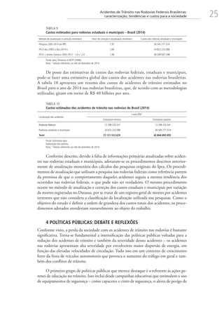 25Acidentes de Trânsito nas Rodovias Federais Brasileiras:
caracterização, tendências e custos para a sociedade
TABELA 9
Custos estimados para rodovias estaduais e municipais – Brasil (2014)
Método de atualização e correção monetária Fator de correção e atualização monetária Custos das rodovias estaduais e municipais¹
Pesquisa 2005-2014 da PRF, 1,97 30.545.771.514
IPCA dez./2005 a dez./2014 e 1,60 24.823.233.088
IPCA + mortes Datasus 2005-2012 - 1,6 x 1,22 1,96 30.339.507.108
Fonte: Ipea, Denatran e ANTP (2006).
Nota: ¹ Valores referentes ao mês de dezembro de 2014.
De posse das estimativas de custos das rodovias federais, estaduais e municipais,
pode-se fazer uma estimativa global dos custos dos acidentes nas rodovias brasileiras.
A tabela 10 apresenta um resumo dos custos de acidentes de trânsito estimados no
Brasil para o ano de 2014 nas rodovias brasileiras, que, de acordo com as metodologias
utilizadas, giram em torno de R$ 40 bilhões por ano.
TABELA 10
Custos estimados dos acidentes de trânsito nas rodovias do Brasil (2014)
Localização dos acidentes
Custo (R$)¹
Estimativa mínima Estimativa máxima
Rodovias federais 12.298.320.541 12.298.320.541
Rodovias estaduais e municipais 24.823.233.088 30.545.771.514
Total 37.121.553.629 42.844.092.055
Fonte: Estimativa Ipea.
Elaboração dos autores.
Nota: ¹ Valores referentes ao mês de dezembro de 2014.
Conforme descrito, devido à falta de informações primárias atualizadas sobre aciden-
tes nas rodovias estaduais e municipais, adotaram-se os procedimentos descritos anterior-
mente de atualização monetária dos cálculos das pesquisas originais do Ipea. Os procedi-
mentos de atualização que utilizam a pesquisa nas rodovias federais como referência partem
da premissa de que o comportamento daqueles acidentes seguiu a mesma tendência dos
ocorridos nas rodovias federais, o que pode não ser verdadeiro. O mesmo procedimento
ocorre no método de atualização e correção dos custos estaduais e municipais por variação
de mortes registradas no Datasus, por se tratar de um registro geral de mortes por acidentes
terrestres que não considera a classificação da localização utilizada nas pesquisas. Como o
objetivo do estudo é definir a ordem de grandeza dos custos totais dos acidentes, os proce-
dimentos adotados atenderiam razoavelmente ao objeto do trabalho.
4 POLÍTICAS PÚBLICAS: DEBATE E REFLEXÕES
Conforme visto, a perda da sociedade com os acidentes de trânsito nas rodovias é bastante
significativa. Torna-se fundamental a intensificação das políticas públicas voltadas para a
redução dos acidentes de trânsito e também da severidade desses acidentes – os acidentes
nas rodovias apresentam alta severidade por envolverem maior dispersão de energia, em
função das elevadas velocidades de circulação. Tudo isso em um contexto de crescimento
forte da frota de veículos automotores que provoca o aumento do tráfego em geral e tam-
bém dos conflitos de trânsito.
O primeiro grupo de políticas públicas que merece destaque é o referente às ações pe-
renes de educação no trânsito. Isso inclui desde campanhas educativas que estimulem o uso
de equipamentos de segurança – como capacetes e cinto de segurança, o alerta de perigo de
 