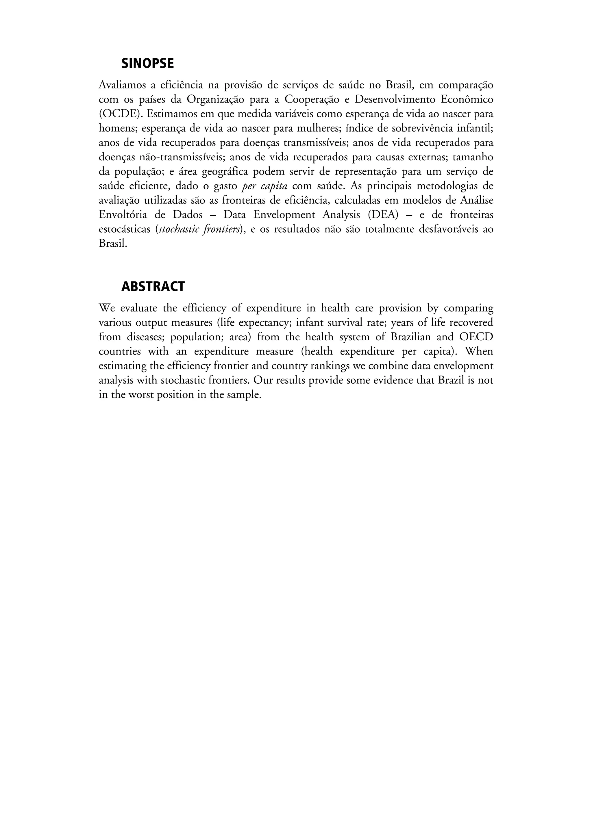 Brasil e OCDE: avaliação da eficiência em sistemas de saúde