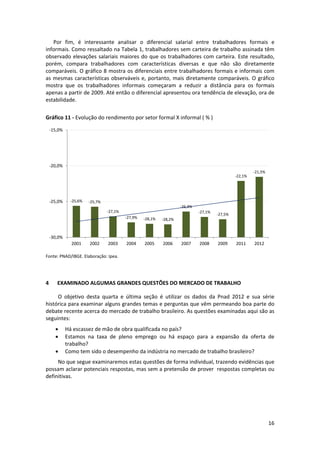Por  fim,  é  interessante  analisar  o  diferencial  salarial  entre  trabalhadores  formais  e 
informais. Como ressaltado na Tabela 1, trabalhadores sem carteira de trabalho assinada têm 
observado  elevações  salariais  maiores  do  que  os  trabalhadores  com  carteira.  Este  resultado, 
porém,  compara  trabalhadores  com  características  diversas  e  que  não  são  diretamente 
comparáveis. O gráfico 8 mostra os diferenciais entre trabalhadores formais e informais com 
as  mesmas  características  observáveis  e,  portanto,  mais  diretamente  comparáveis.  O  gráfico 
mostra  que  os  trabalhadores  informais  começaram  a  reduzir  a  distância  para  os  formais 
apenas a partir de 2009. Até então o diferencial apresentou ora tendência de elevação, ora de 
estabilidade. 
 
Gráfico 11 ‐ Evolução do rendimento por setor formal X informal ( % ) 
‐15,0%

‐20,0%
‐22,1%

‐25,0%

‐25,6%

‐21,5%

‐25,7%
‐26,4%
‐27,1%

‐27,1%
‐27,9%

‐28,1%

2004

2005

2006

‐27,5%

‐28,2%

‐30,0%
2001

2002

2003

2007

2008

2009

2011

2012

 

Fonte: PNAD/IBGE. Elaboração: Ipea. 

 
4

EXAMINADO ALGUMAS GRANDES QUESTÕES DO MERCADO DE TRABALHO 

O  objetivo  desta  quarta  e  última  seção  é  utilizar  os  dados  da  Pnad  2012  e  sua  série 
histórica para examinar alguns grandes temas e perguntas que vêm permeando boa parte do 
debate recente acerca do mercado de trabalho brasileiro. As questões examinadas aqui são as 
seguintes: 




Há escassez de mão de obra qualificada no país? 
Estamos  na  taxa  de  pleno  emprego  ou  há  espaço  para  a  expansão  da  oferta  de 
trabalho? 
Como tem sido o desempenho da indústria no mercado de trabalho brasileiro? 

No que segue examinaremos estas questões de forma individual, trazendo evidências que 
possam aclarar potenciais respostas, mas sem a pretensão de prover  respostas completas ou 
definitivas. 
 
 

 

16 
 

 