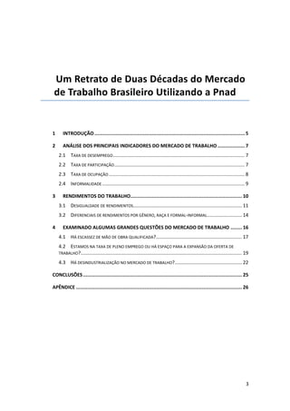  
 
 

Um Retrato de Duas Décadas do Mercado 
de Trabalho Brasileiro Utilizando a Pnad 
 
 
1 

INTRODUÇÃO ......................................................................................................... 5 

2 

ANÁLISE DOS PRINCIPAIS INDICADORES DO MERCADO DE TRABALHO ................... 7 
2.1  TAXA DE DESEMPREGO .................................................................................................. 7 
2.2  TAXA DE PARTICIPAÇÃO ................................................................................................. 7 
2.3  TAXA DE OCUPAÇÃO ..................................................................................................... 8 
2.4  INFORMALIDADE .......................................................................................................... 9 

3 

RENDIMENTOS DO TRABALHO.............................................................................. 10 
3.1  DESIGUALDADE DE RENDIMENTOS  ................................................................................ 11 
.
3.2  DIFERENCIAIS DE RENDIMENTOS POR GÊNERO, RAÇA E FORMAL‐INFORMAL .......................... 14 

4 

EXAMINADO ALGUMAS GRANDES QUESTÕES DO MERCADO DE TRABALHO ........ 16 
4.1  HÁ ESCASSEZ DE MÃO DE OBRA QUALIFICADA? ................................................................ 17 
4.2  ESTAMOS NA TAXA DE PLENO EMPREGO OU HÁ ESPAÇO PARA A EXPANSÃO DA OFERTA DE 
TRABALHO?  ....................................................................................................................... 19 
.
4.3  HÁ DESINDUSTRIALIZAÇÃO NO MERCADO DE TRABALHO? .................................................. 22 

CONCLUSÕES ............................................................................................................... 25 

 

APÊNDICE .................................................................................................................... 26 
 

3 
 

 