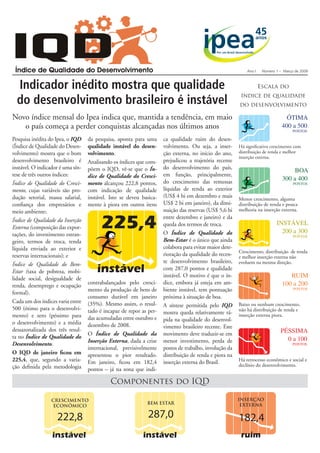 Ano I    Número 1 – Março de 2009



  Indicador inédito mostra que qualidade                                                                            Escala do

  do desenvolvimento brasileiro é instável
                                                                                                         índice de qualidade
                                                                                                        do desenvolvimento

Novo índice mensal do Ipea indica que, mantida a tendência, em maio                                                              Ótima
   o país começa a perder conquistas alcançadas nos últimos anos                                                               400 a 500
                                                                                                                                     pONtOS

Pesquisa inédita do Ipea, o IQD    da pesquisa, aponta para uma      ca qualidade ruim do desen-
                                   qualidade instável do desen-
(Índice de Qualidade do Desen-                                       volvimento. Ou seja, a inser-      Há significativo crescimento com
                                                                                                        distribuição de renda e melhor
                                   volvimento.
volvimento) mostra que o bom                                         ção externa, no início do ano,
                                                                                                        inserção externa.
desenvolvimento brasileiro é                                         prejudicou a trajetória recente
                                   Analisando os índices que com-
instável. O indicador é uma sín-                                     do desenvolvimento do país,
                                   põem o IQD, vê-se que o Ín-                                                                      BOa
tese de três outros índices:                                         em função, principalmente,
                                   dice de Qualidade do Cresci-                                                                300 a 400
                                                                     do crescimento das remessas
                                   mento alcançou 222,8 pontos,
Índice de Qualidade do Cresci-                                                                                                       pONtOS
                                                                     líquidas de renda ao exterior
mento, cujas variáveis são pro-    com indicação de qualidade
                                                                     (US$ 4 bi em dezembro e mais
dução setorial, massa salarial,    instável. Isto se deveu basica-                                      Menor crescimento, alguma
                                                                     US$ 2 bi em janeiro), da dimi-
confiança dos empresários e        mente à piora em outros itens                                        distribuição de renda e pouca
                                                                     nuição das reservas (US$ 5,6 bi    melhoria na inserção externa.
meio ambiente;
                                                                     entre dezembro e janeiro) e da
Índice de Qualidade da Inserção
                                                                                                                            iNStável
                                                                     queda dos termos de troca.
Externa (composição das expor-
                                                                                                                              200 a 300
                                                                     O Índice de Qualidade do
tações, do investimento estran-                                                                                                      pONtOS
                                                                     Bem-Estar é o único que ainda
geiro, termos de troca, renda
                                                                     colabora para evitar maior dete-
líquida enviada ao exterior e                                                                           Crescimento, distribuição de renda
                                                                     rioração da qualidade do recen-
reservas internacionais); e                                                                             e melhor inserção externa não
                                                                     te desenvolvimento brasileiro,     evoluem na mesma direção.
Índice de Qualidade do Bem-
                                                                     com 287,0 pontos e qualidade
Estar (taxa de pobreza, mobi-
                                                                                                                                  Ruim
                                                                     instável. O motivo é que o ín-
lidade social, desigualdade de
                                   contrabalançados pelo cresci-     dice, embora já esteja em am-                             100 a 200
renda, desemprego e ocupação
                                   mento da produção de bens de      biente instável, tem pontuação                                  pONtOS
formal).
                                   consumo durável em janeiro        próxima à situação de boa.
Cada um dos índices varia entre    (35%). Mesmo assim, o resul-                                         Baixo ou nenhum crescimento,
                                                                     A síntese permitida pelo IQD
500 (ótimo para o desenvolvi-                                                                           não há distribuição de renda e
                                   tado é incapaz de repor as per-   mostra queda relativamente rá-
mento) e zero (péssimo para                                                                             inserção externa piora.
                                   das acumuladas entre outubro e    pida na qualidade do desenvol-
o desenvolvimento) e a média       dezembro de 2008.                 vimento brasileiro recente. Este
dessazonalizada dos três resul-                                                                                               pÉSSima
                                   O Índice de Qualidade da          movimento deve traduzir-se em
ta no Índice de Qualidade do                                                                                                    0 a 100
                                   Inserção Externa, dada a crise    menor investimento, perda de
Desenvolvimento.                                                                                                                     pONtOS
                                                                     postos de trabalho, involução da
                                   internacional, previsivelmente
O IQD de janeiro ficou em                                            distribuição de renda e piora na
                                   apresentou o pior resultado.
225,4, que, segundo a varia-                                                                            Há retrocesso econômico e social e
                                                                     inserção externa do Brasil.
                                   Em janeiro, ficou em 182,4                                           declínio do desenvolvimento.
ção definida pela metodologia      pontos – já na zona que indi-

                                             Componentes do IQD

                                                                                                        INsERÇÃO
                  CREsCIMENTO
                                                             bEM EsTAR                                   EXTERNA
                   ECONÔMICO

                                                              287,0
                    222,8                                                                               182,4
 