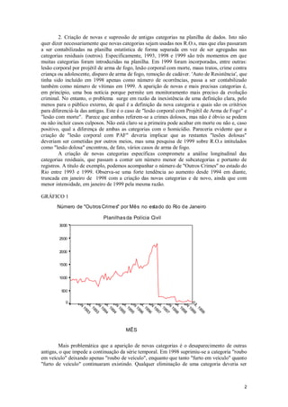 2. Criação de novas e supressão de antigas categorias na planilha de dados. Isto não
quer dizer necessariamente que novas categorias sejam usadas nos R.O.s, mas que elas passaram
a ser contabilizadas na planilha estatística de forma separada em vez de ser agregadas nas
categorias residuais (outros). Especificamente, 1993, 1998 e 1999 são três momentos em que
muitas categorias foram introduzidas na planilha. Em 1999 foram incorporadas, entre outras:
lesão corporal por projétil de arma de fogo, lesão corporal com morte, maus tratos, crime contra
criança ou adolescente, disparo de arma de fogo, remoção de cadáver. 'Auto de Resistência', que
tinha sido incluído em 1998 apenas como número de ocorrências, passa a ser contabilizado
também como número de vítimas em 1999. A aparição de novas e mais precisas categorias é,
em princípio, uma boa notícia porque permite um monitoramento mais preciso da evolução
criminal. No entanto, o problema surge em razão da inexistência de uma definição clara, pelo
menos para o público externo, de qual é a definição da nova categoria e quais são os critérios
para diferenciá-la das antigas. Este é o caso de "lesão corporal com Projétil de Arma de Fogo" e
"lesão com morte". Parece que ambas referem-se a crimes dolosos, mas não é óbvio se podem
ou não incluir casos culposos. Não está claro se a primeira pode acabar em morte ou não e, caso
positivo, qual a diferença de ambas as categorias com o homicídio. Pareceria evidente que a
criação de "lesão corporal com PAF" deveria implicar que as restantes "lesões dolosas"
deveriam ser cometidas por outros meios, mas uma pesquisa de 1999 sobre R.O.s intitulados
como "lesão dolosa" encontrou, de fato, vários casos de arma de fogo.
        A criação de novas categorias específicas compromete a análise longitudinal das
categorias residuais, que passam a conter um número menor de subcategorias e portanto de
registros. A título de exemplo, podemos acompanhar o número de "Outros Crimes" no estado do
Rio entre 1993 e 1999. Observa-se uma forte tendência ao aumento desde 1994 em diante,
truncada em janeiro de 1998 com a criação das novas categorias e de novo, ainda que com
menor intensidade, em janeiro de 1999 pela mesma razão.

GRÁFICO 1
       Número de "Outros Crimes" por Mês no estado do Rio de Janeiro

                             Planilhas da Polícia Civil
        3000


        2500


        2000


        1500


        1000


         500

           0
                JA

                J U 993

                J A 993

                J U 99

                J A 994

                J U 995

                J A 995

                J U 99

                J A 996

                J U 997

                J A 997

                J U 99

                J A 998

                J U 999
                   N

                   L

                   N

                   L 4

                   N

                   L

                   N

                   L 6

                   N

                   L

                   N

                   L 8

                   N

                   L
                     1



                     1



                     1



                     1



                     1



                     1



                     19
                     1



                     1



                     1



                     1



                     1



                     1



                     1

                       99




                                       MÊS


        Mais problemática que a aparição de novas categorias é o desaparecimento de outras
antigas, o que impede a continuação da série temporal. Em 1998 suprimiu-se a categoria "roubo
em veículo" deixando apenas "roubo de veículo", enquanto que tanto "furto em veículo" quanto
"furto de veículo" continuaram existindo. Qualquer eliminação de uma categoria deveria ser



                                                                                              2
 